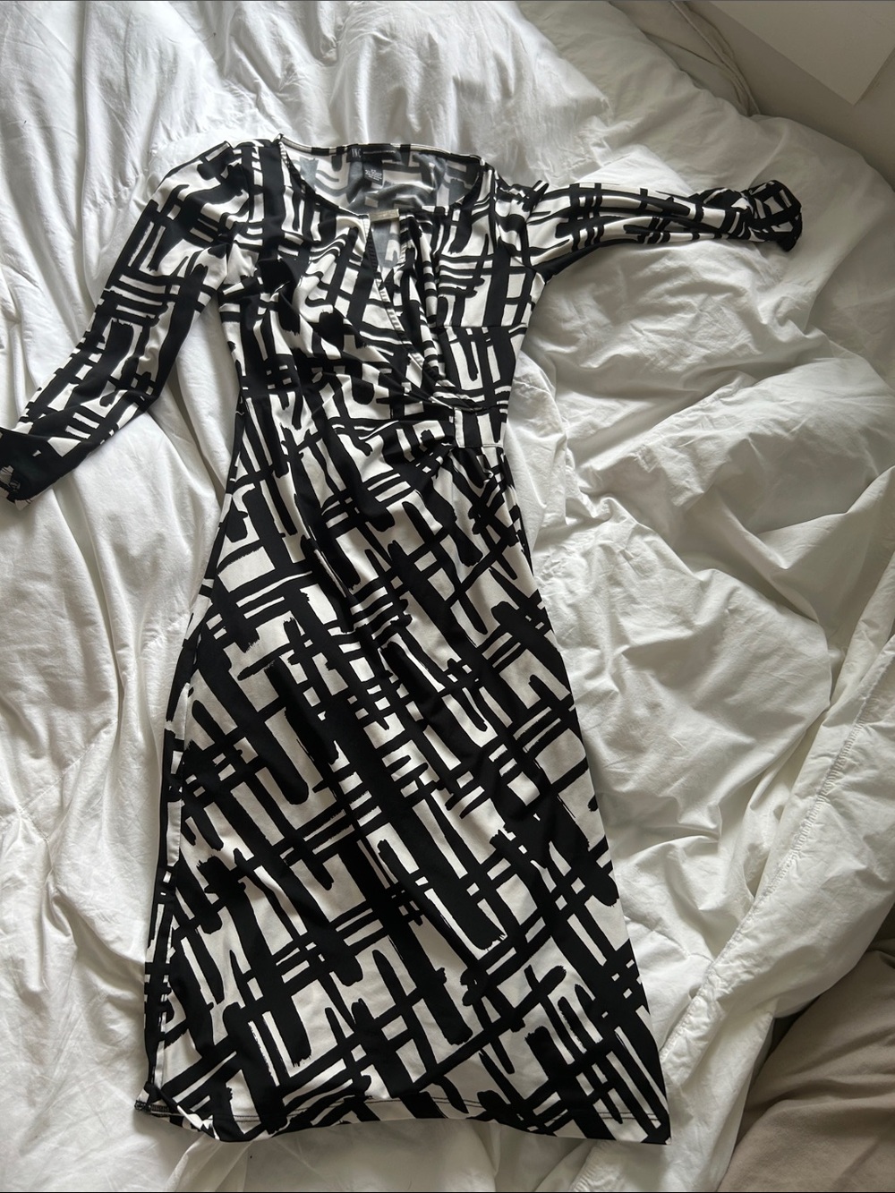 INC International Concepts Black & White Long-Sleeve Faux Wrap Dress